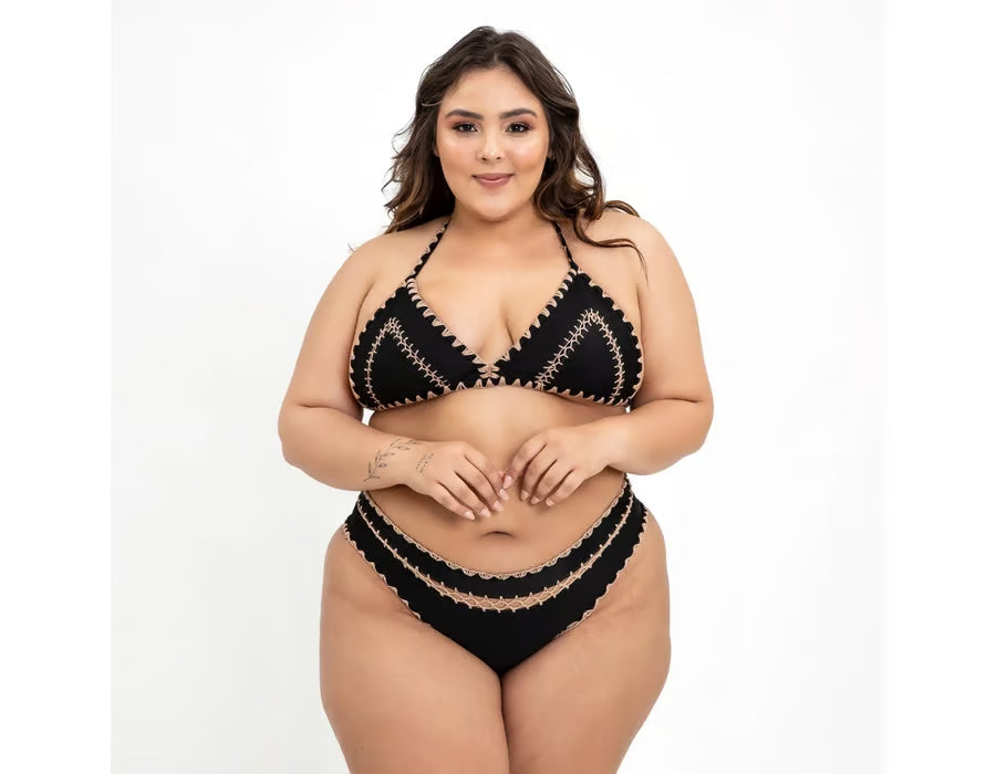 Biquíni Plus Size Boho Beach Preto com Dourado
