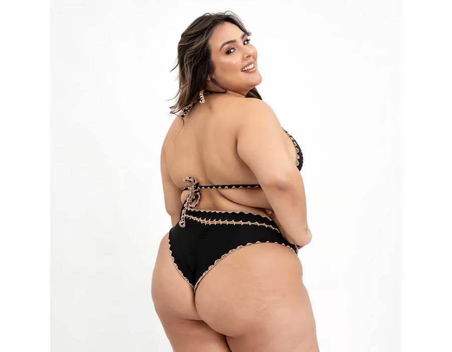 Biquíni Plus Size Boho Beach Preto com Dourado