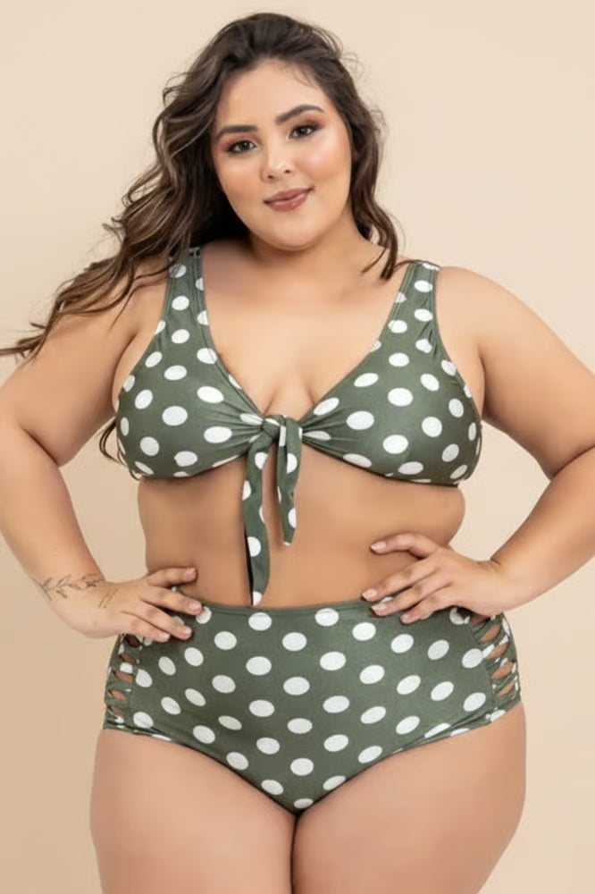 Biquíni Plus Size Cropped de Amarrar e Retrô Poá Militar
