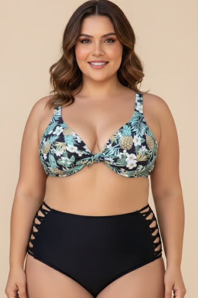 Biquíni Plus Size Meia-Taça Abacaxi e Retrô Preta