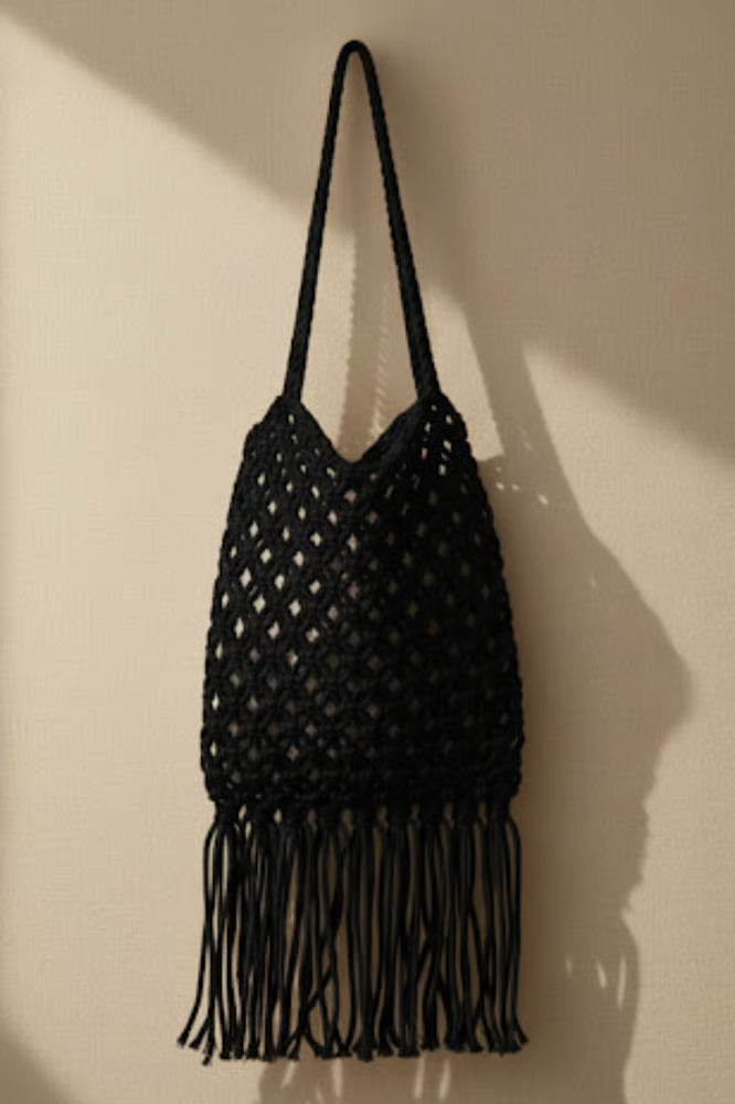 Bolsa Macramê Franjas Preta