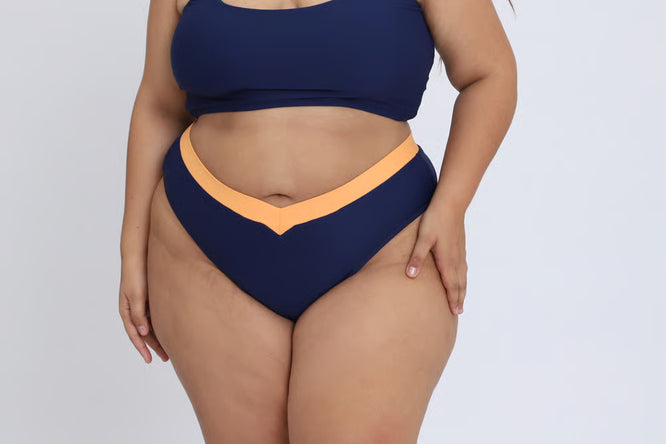 Calcinha De Biquíni Plus Size Asa Delta Cós Elástico Azul Marinho e Laranja
