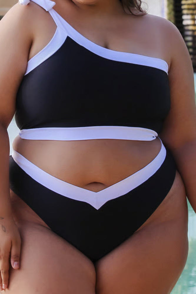 Calcinha De Biquíni Plus Size Asa Delta Cós Elástico Preto Com Branco