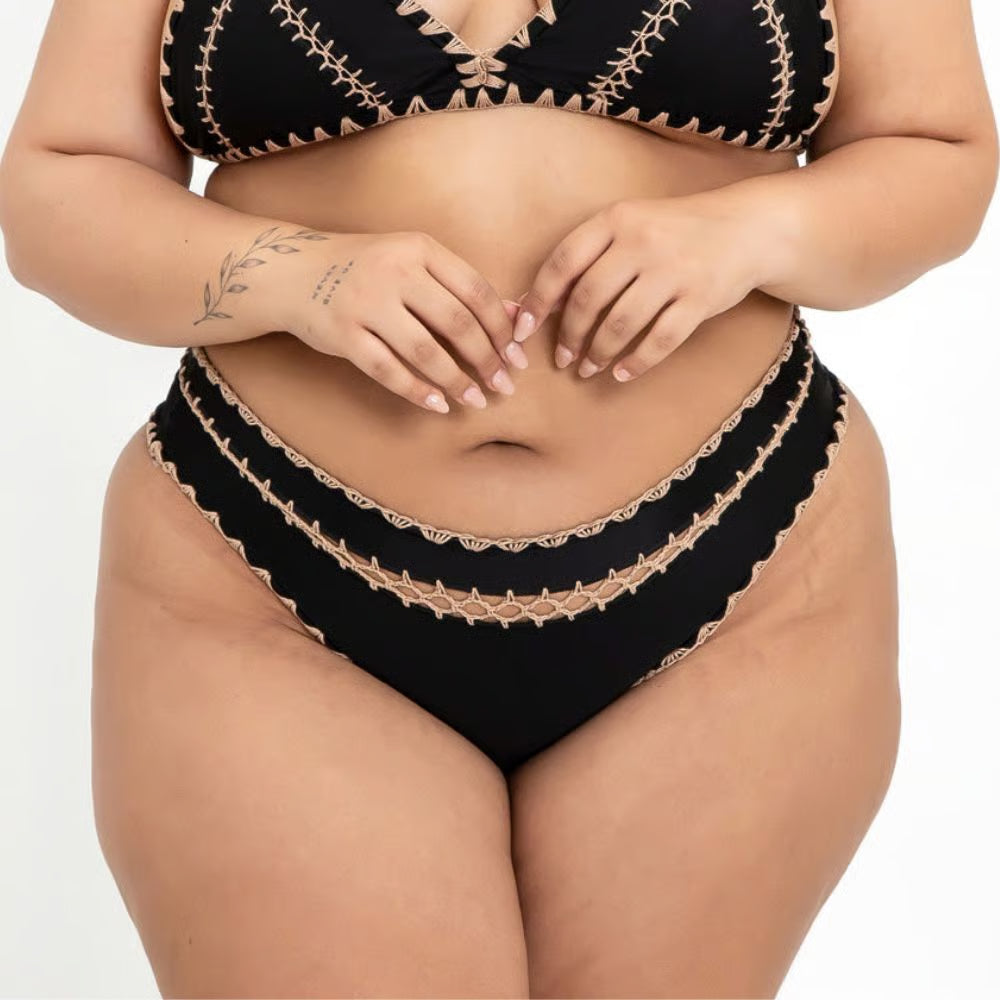 Calcinha De Biquíni Plus Size Boho Beach Preta