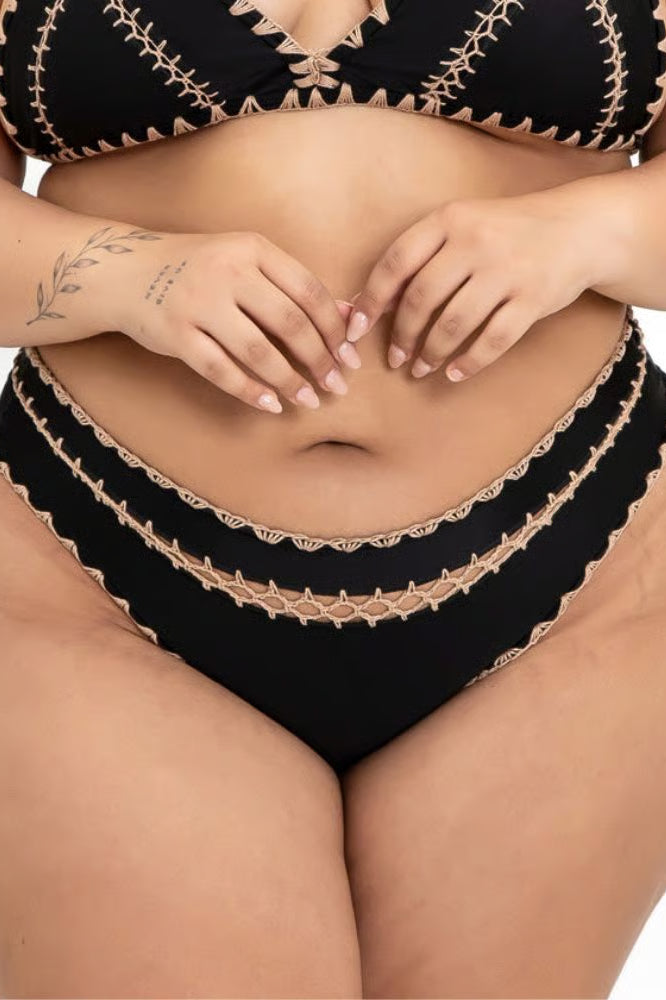 Calcinha De Biquíni Plus Size Boho Beach Preta