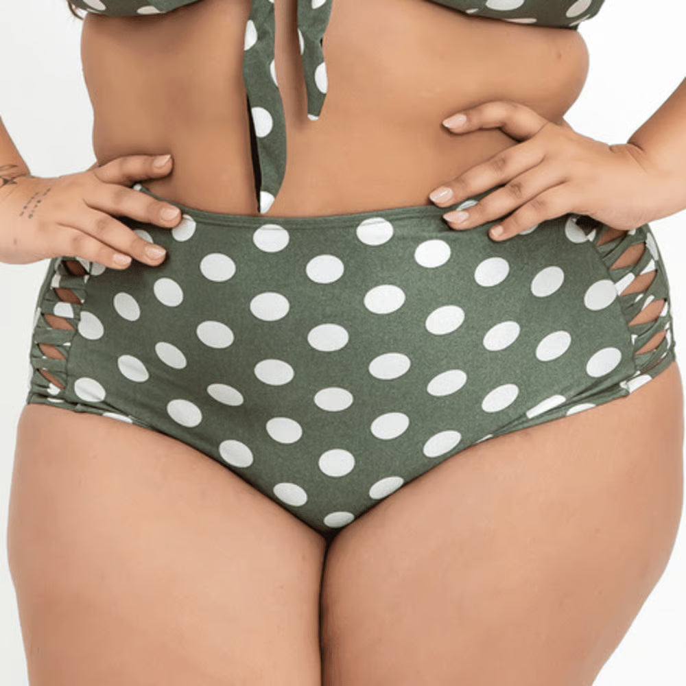 Calcinha De Biquíni Plus Size Retrô x Pequeno Poá Verde Militar