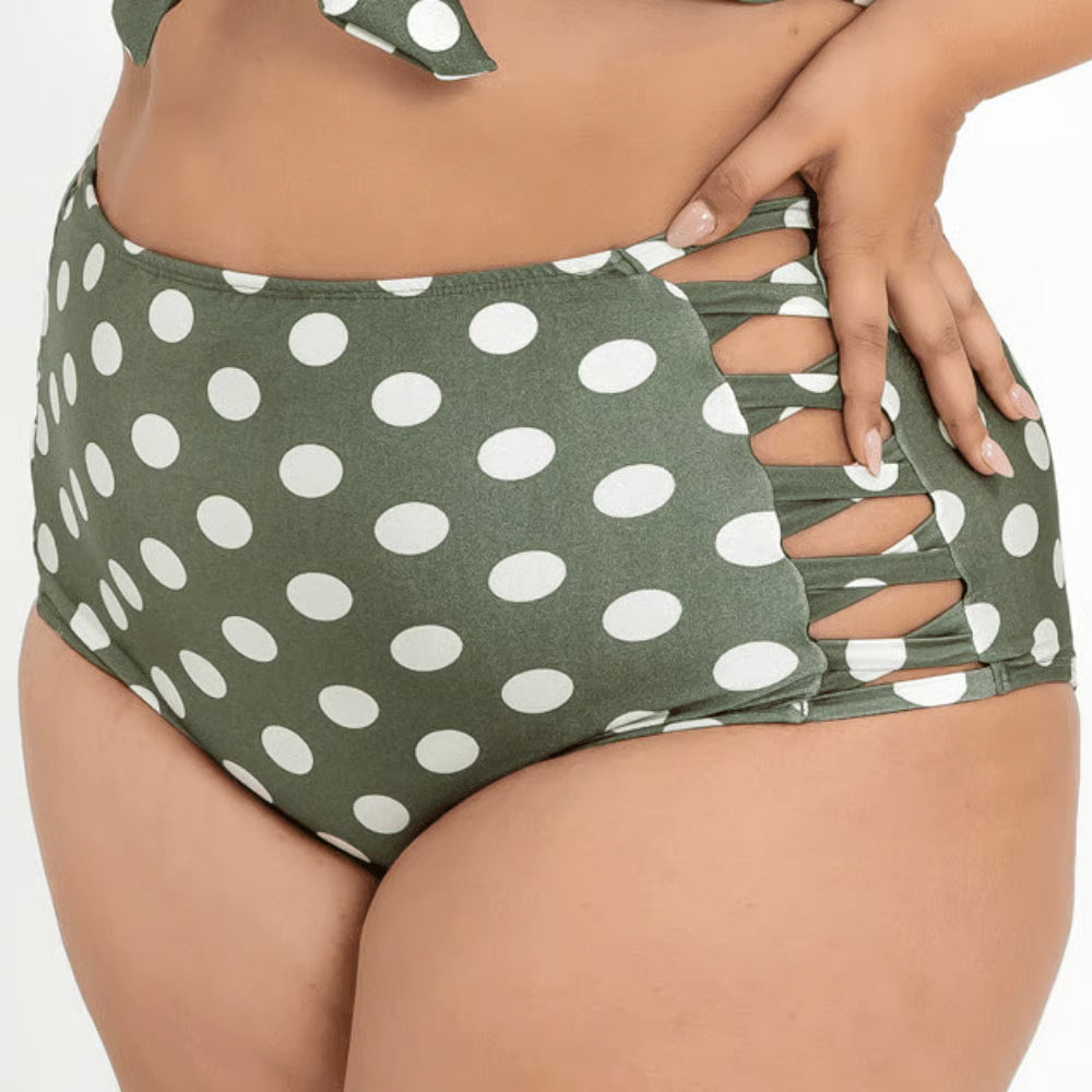Calcinha De Biquíni Plus Size Retrô x Pequeno Poá Verde Militar