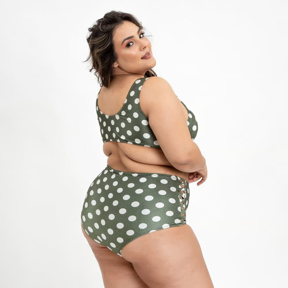 Calcinha De Biquíni Plus Size Retrô x Pequeno Poá Verde Militar
