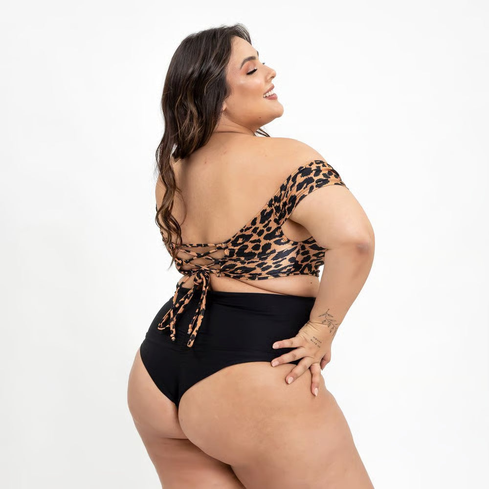 Calcinha Plus Size Retrô Dupla Face Fechada Onça Mostarda Preto