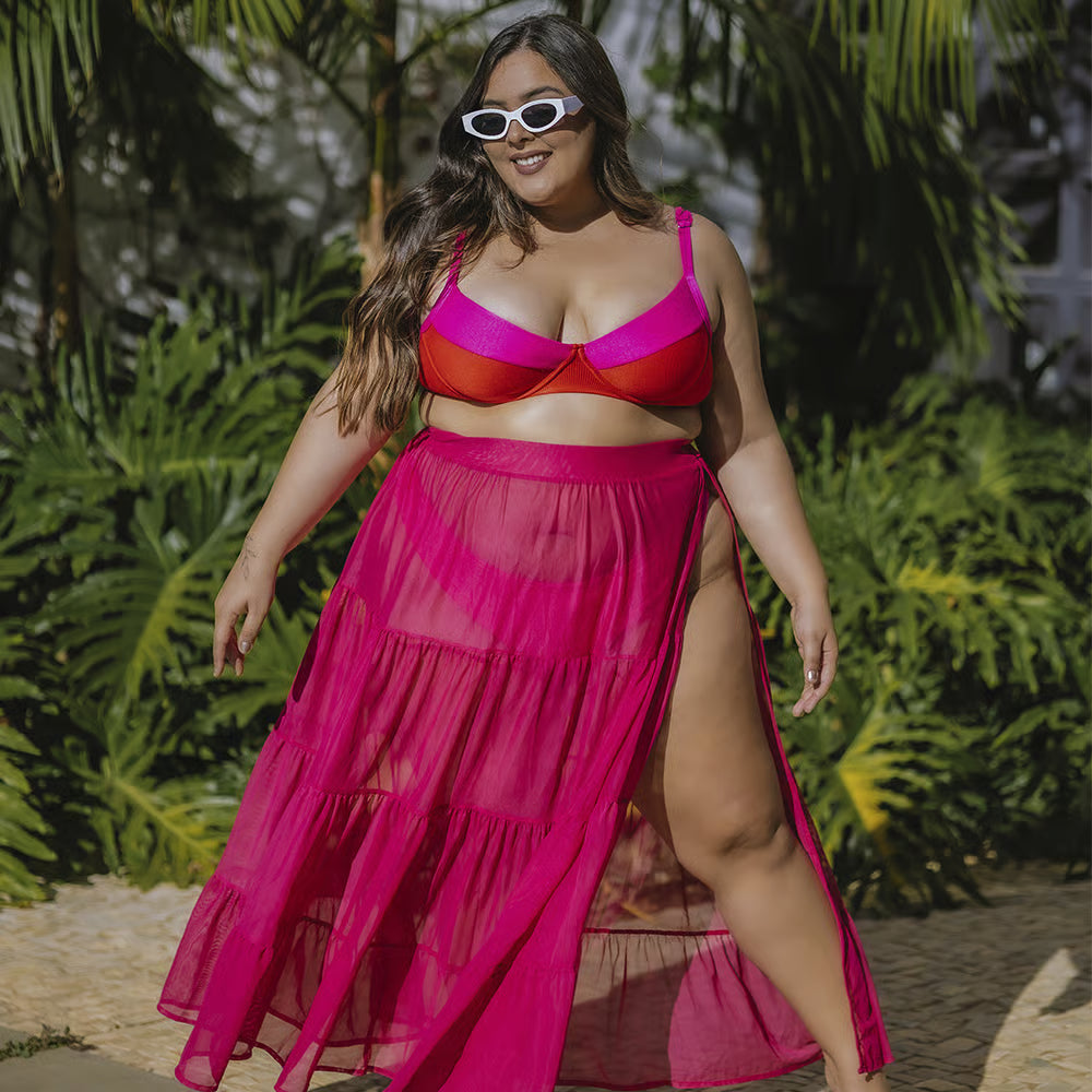 Saia Longa com Fenda Tule Pink Plus Size