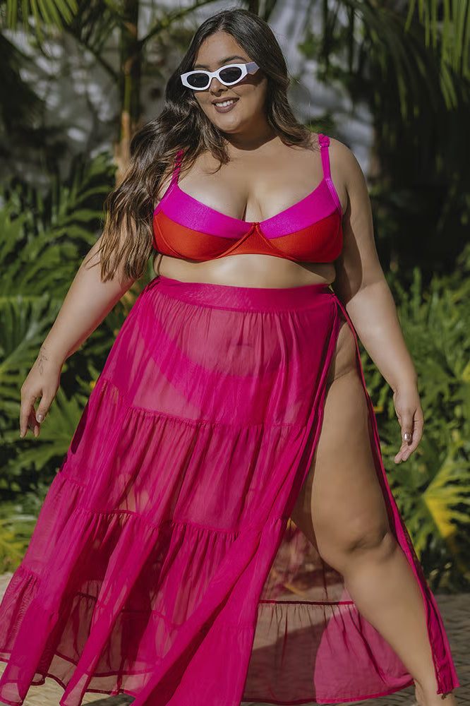 Saia Longa com Fenda Tule Pink Plus Size