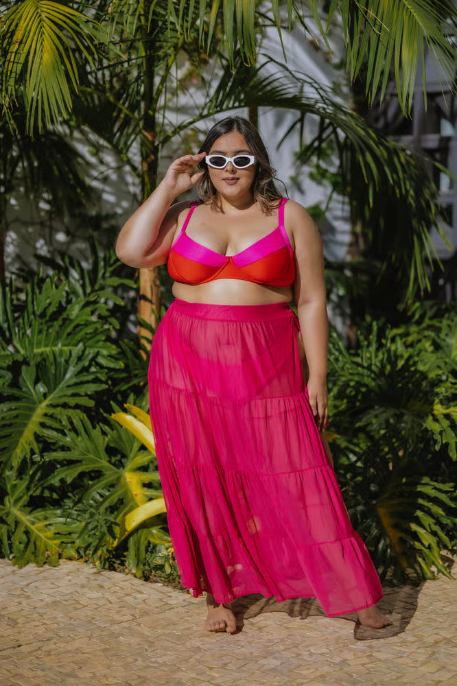 Saia Longa com Fenda Tule Pink Plus Size