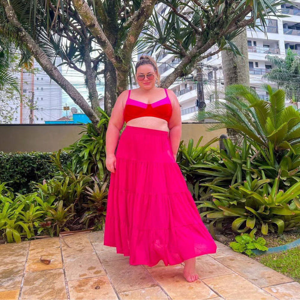 Saia Longa com Fenda Tule Pink Plus Size