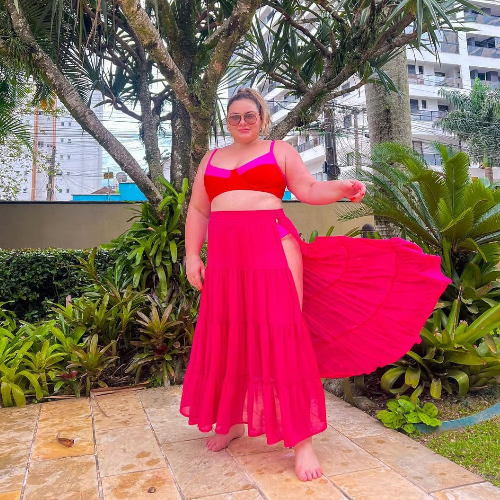 Saia Longa com Fenda Tule Pink Plus Size