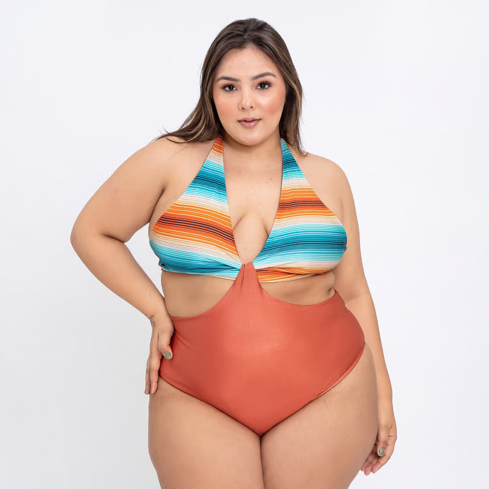 Smart Body Plus Size Tropical Areia Listrado