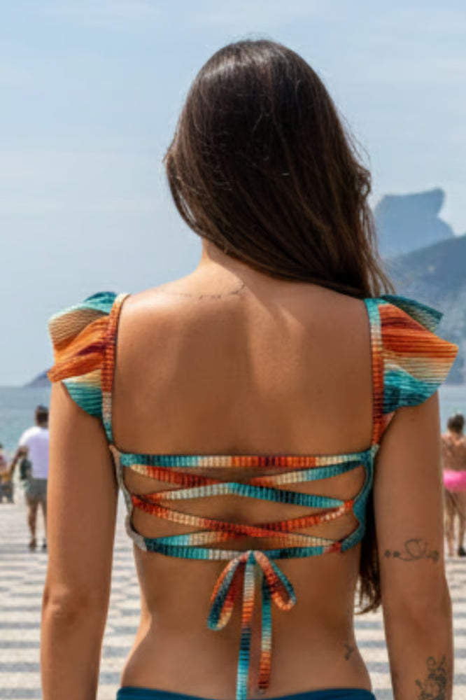 Top Biquíni Ciganinha Babados Listrado Colorido