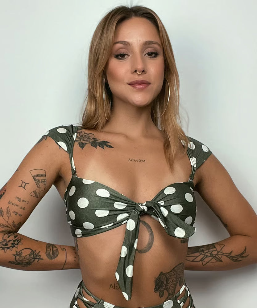 Top Biquíni Cropped Drapeado Poá Verde Militar