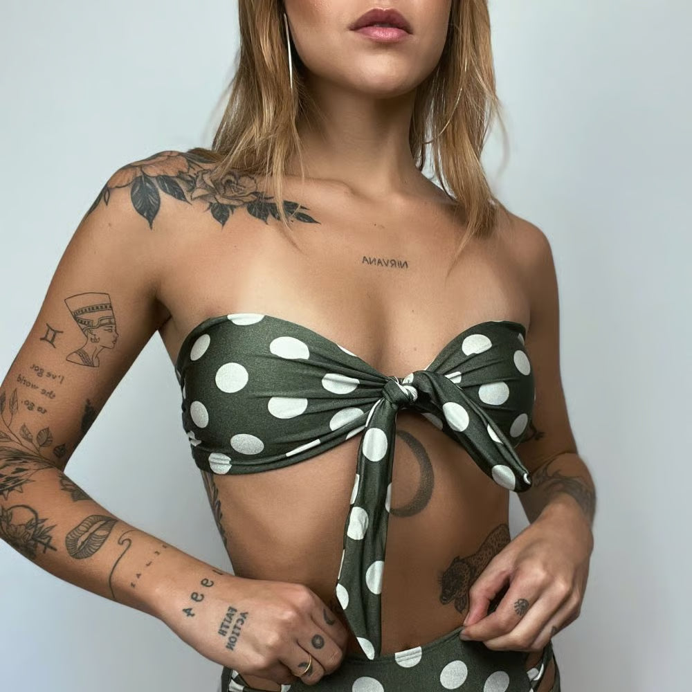 Top Biquíni Cropped Drapeado Poá Verde Militar