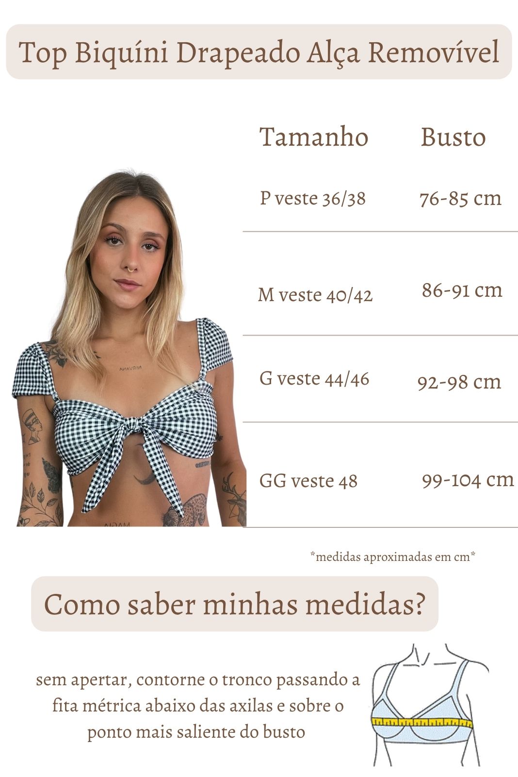 Top Biquíni Cropped Drapeado Xadrez Preto