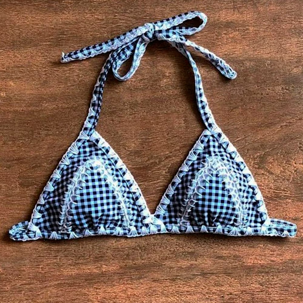 Top Biquíni Plus Size Boho Beach Xadrez Preto