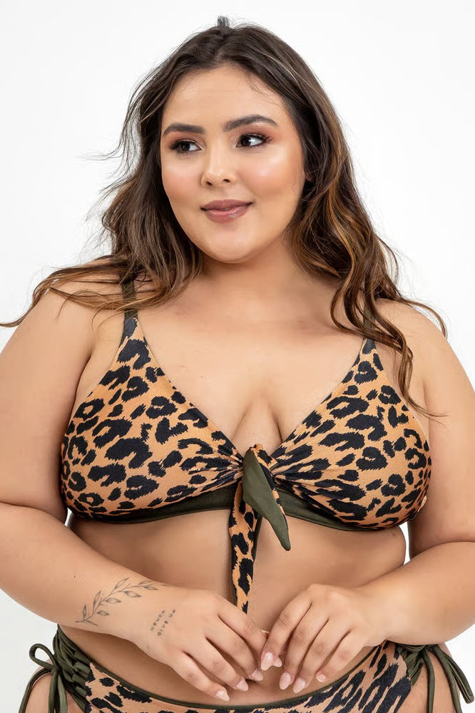 Top Biquíni Plus Size Cropped Maresia Onça Mostarda Com Militar