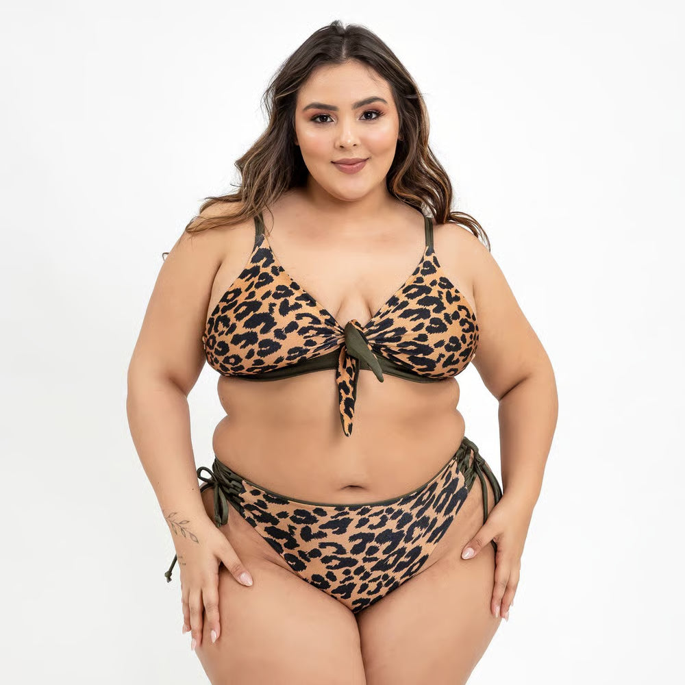 Top Biquíni Plus Size Cropped Maresia Onça Mostarda Com Militar