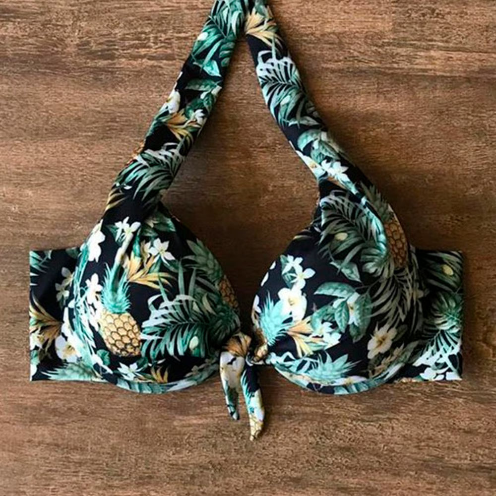 Top Biquíni Plus Size Meia-Taça Alça Larga Abacaxi Preto