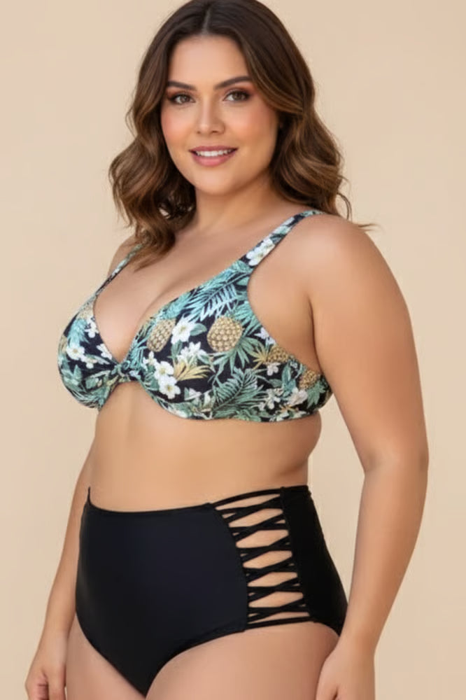 Top Biquíni Plus Size Meia-Taça Alça Larga Abacaxi Preto