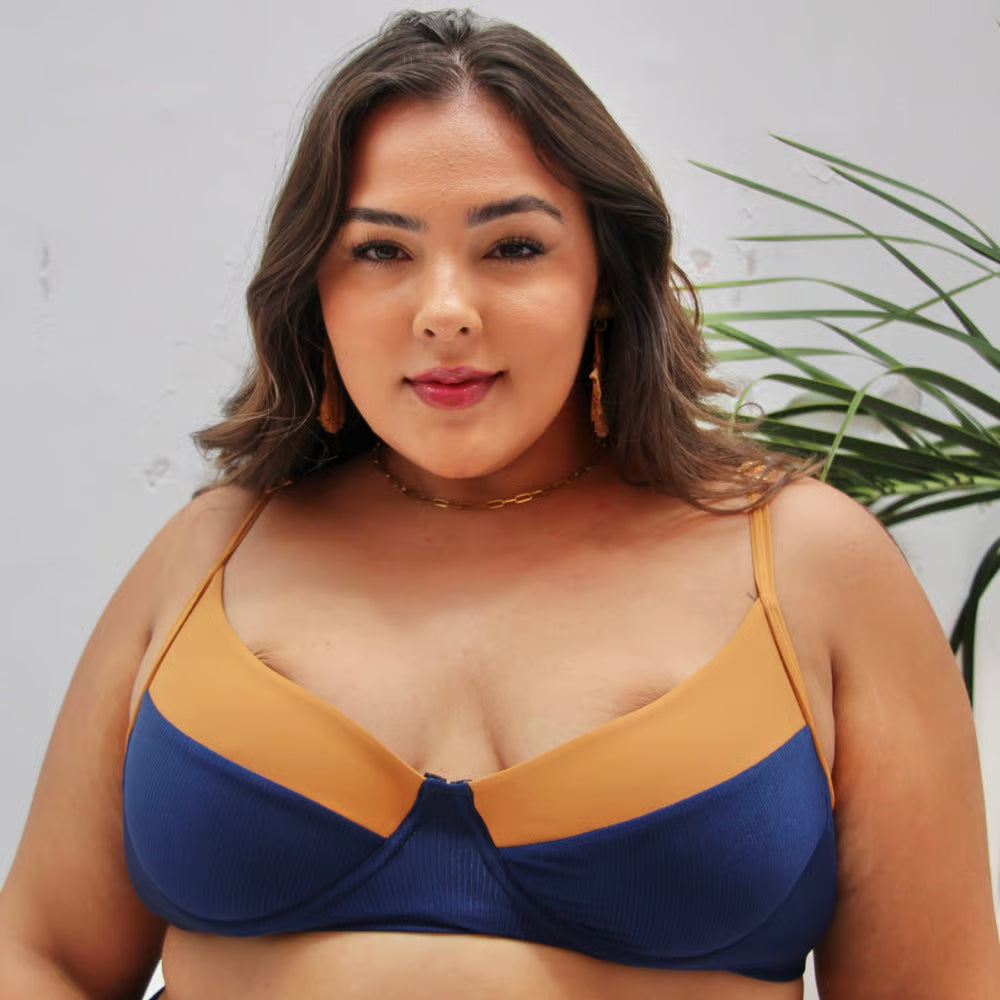 Top Biquíni Plus Size Meia-Taça Marinho/Marrom