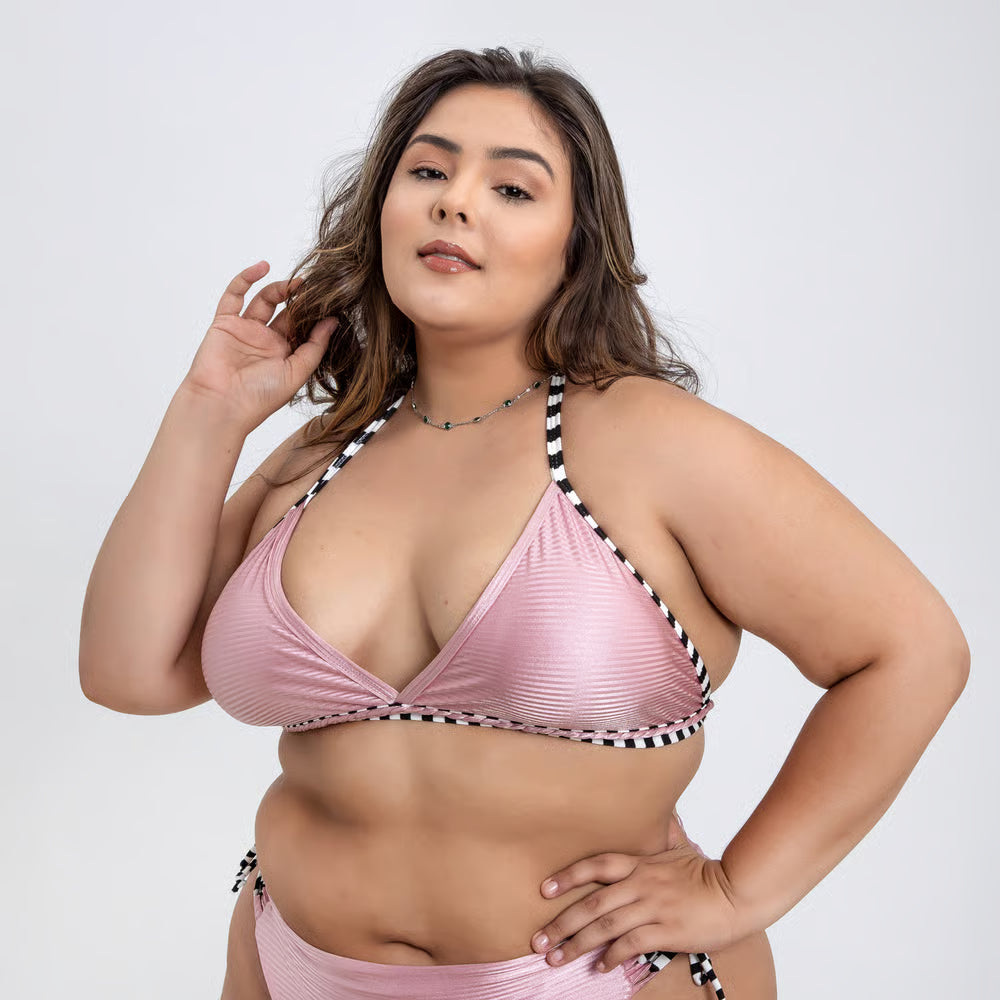 Top Biquíni Plus Size Trancinha Rosê Com Listrado
