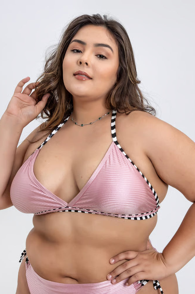 Top Biquíni Plus Size Trancinha Rosê Com Listrado