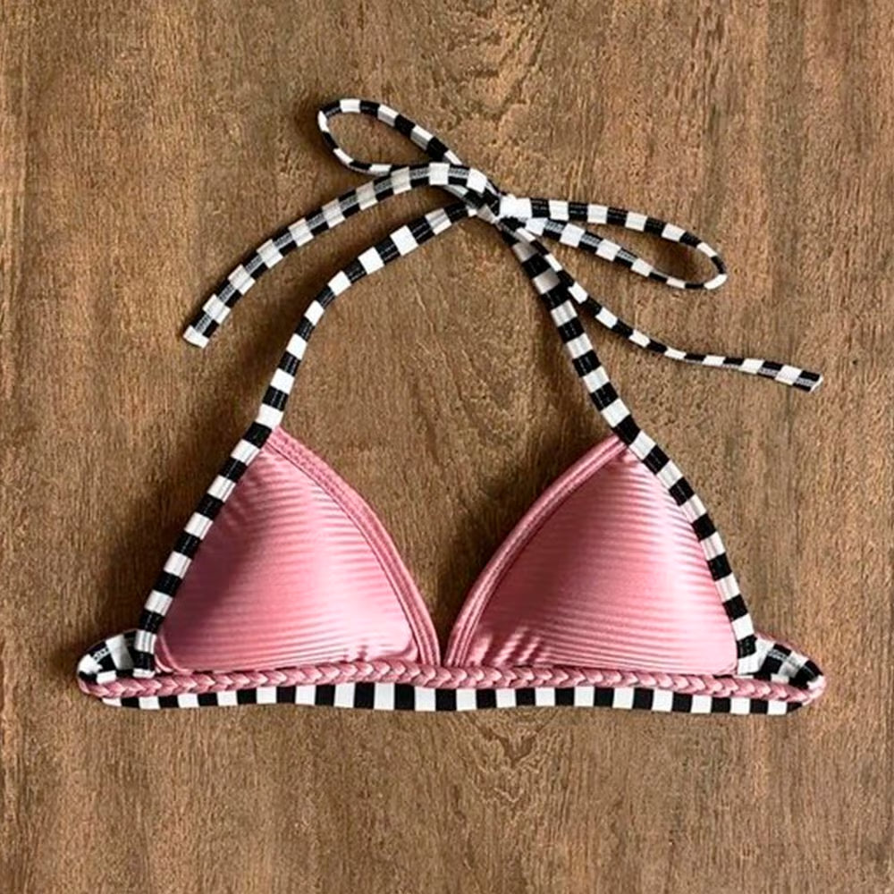 Top Biquíni Plus Size Trancinha Rosê Com Listrado