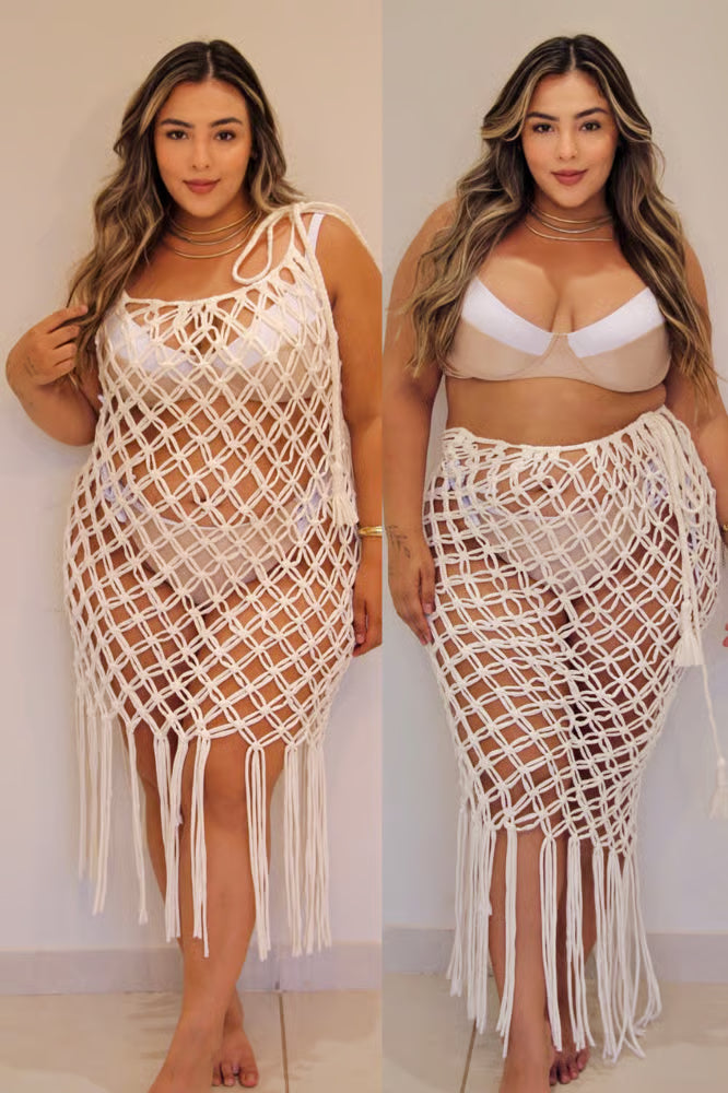 Vestido/Saia 2 em 1 Macramê Plus Size Off White