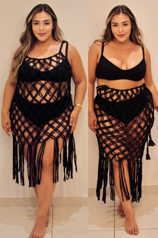 Vestido/Saia 2 em 1 Macramê Plus Size Preto