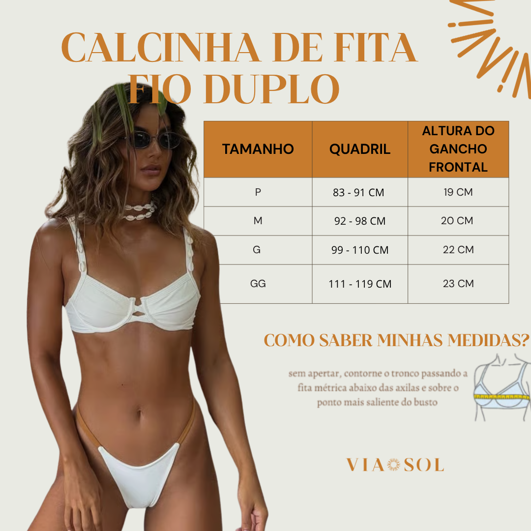 Calcinha de Biquíni Fita Fio Duplo Off/Marrom | Via Sol Brazil