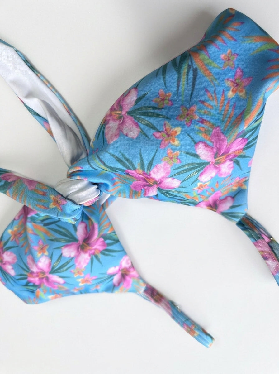 Top Biquíni Nó Alça Fina Floral Azul