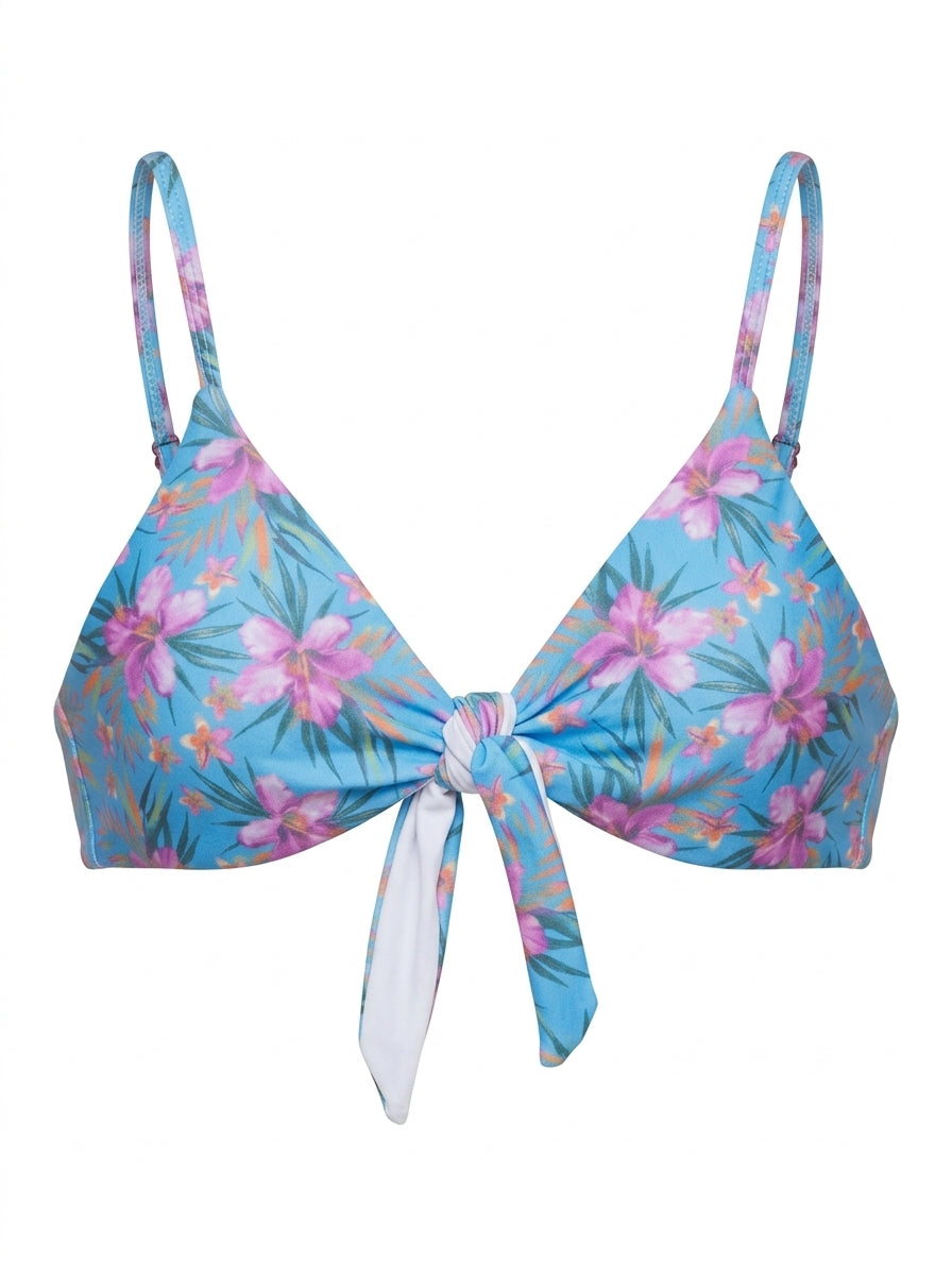 Top Biquíni Nó Alça Fina Floral Azul