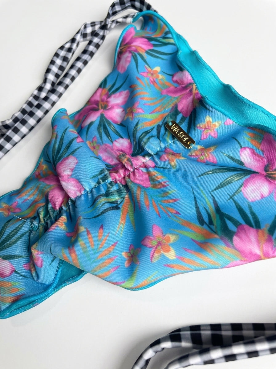 Calcinha De Biquíni Dupla Face De Amarrar Floral Azul
