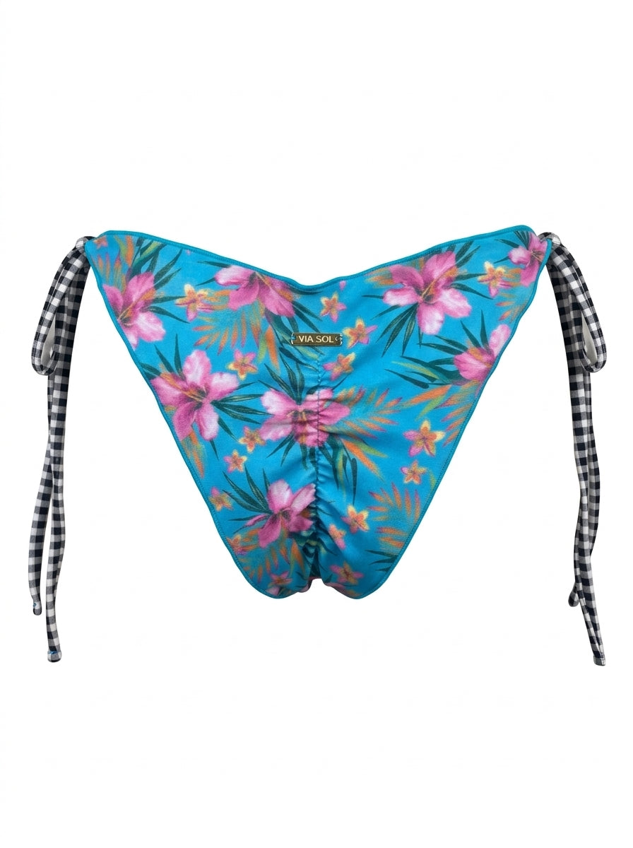 Calcinha De Biquíni Dupla Face De Amarrar Floral Azul
