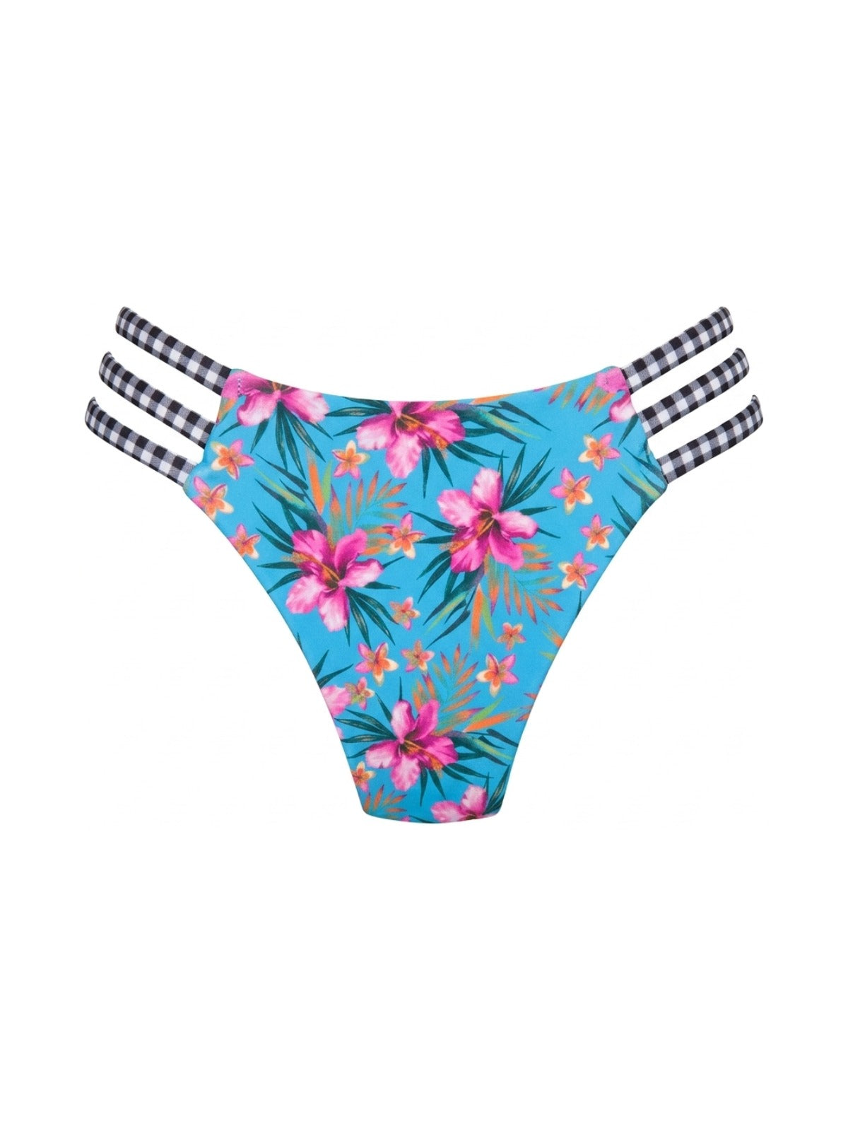 Calcinha De Biquíni 3 Tiras Dupla Face Floral Azul Com Xadrez