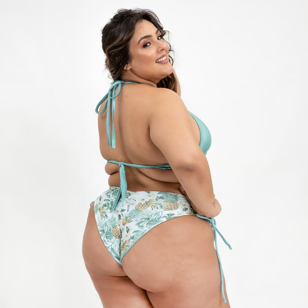 Calcinha Biquíni Dupla Face Tiras Laterais Plus Size Abacaxi/ Verde Claro