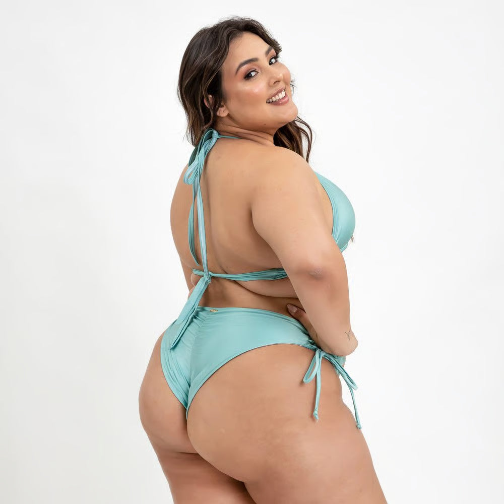 Calcinha Biquíni Dupla Face Tiras Laterais Plus Size Abacaxi/ Verde Claro