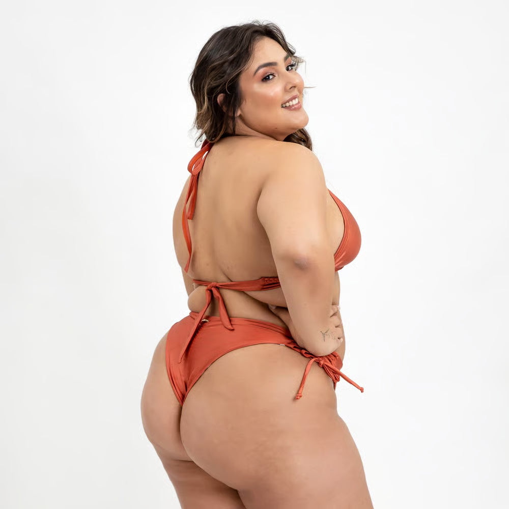 Calcinha Dupla Face Tiras Laterais Plus Size Areia/Listrado
