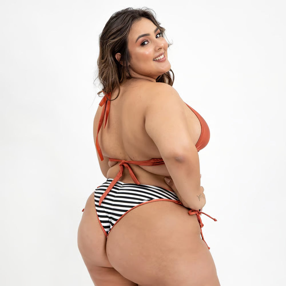 Calcinha Dupla Face Tiras Laterais Plus Size Areia/Listrado